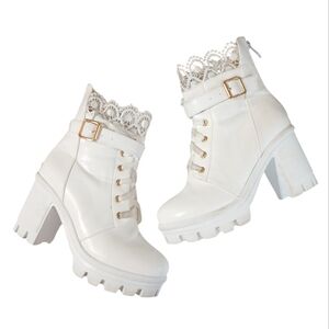 White Platform Combat Boots Lug Sole Lace Ankle Booties Size 7.5